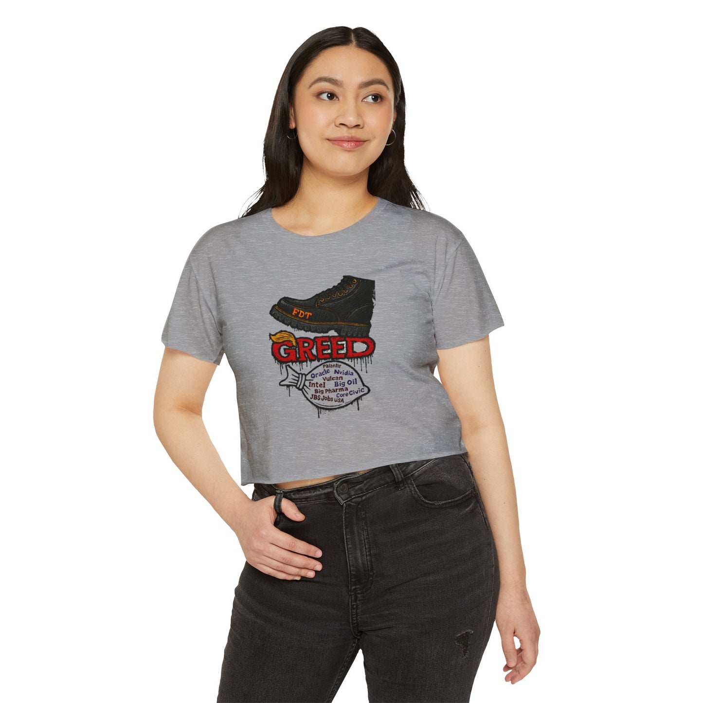 GREED Edgy Women's Festival Crop Top, Music Festival Apparel, Street Style Tee, Casual Wear, Graphic Crop Top