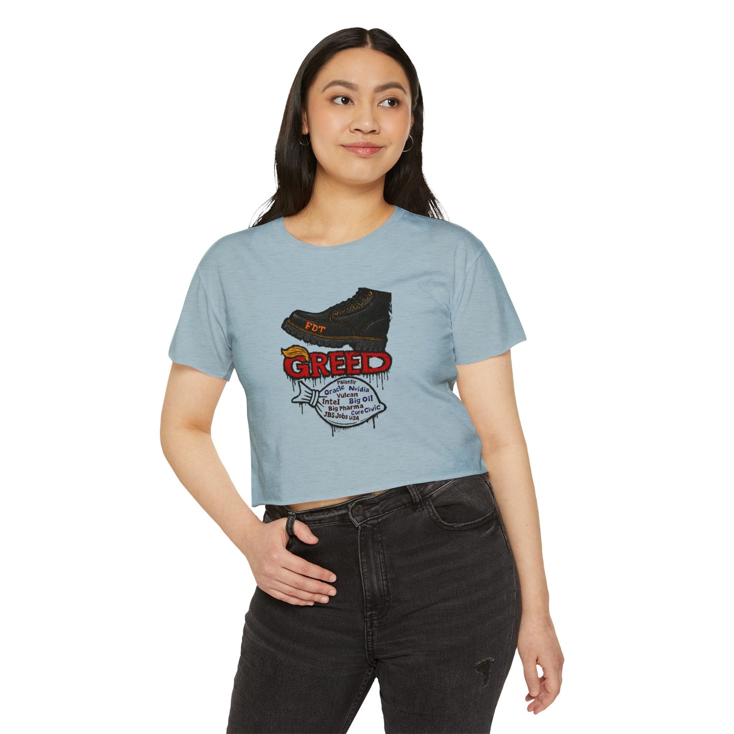 GREED Edgy Women's Festival Crop Top, Music Festival Apparel, Street Style Tee, Casual Wear, Graphic Crop Top