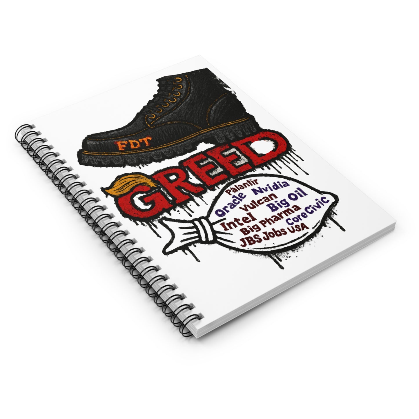GREED Statement Spiral Notebook - Ruled Line, Creative Journal, Artist Sketchbook, Political Notebook, School Supplies, Eco-Friendly Writing Pad