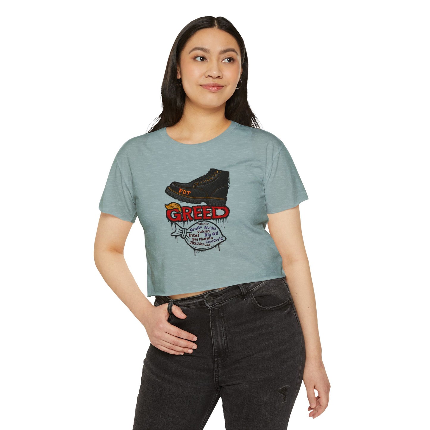 GREED Edgy Women's Festival Crop Top, Music Festival Apparel, Street Style Tee, Casual Wear, Graphic Crop Top